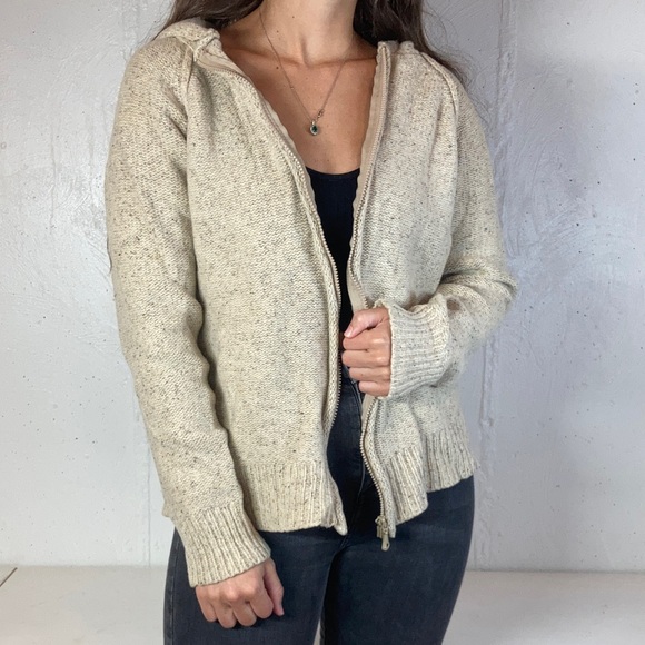 Vintage Neutral Tan Galyan’s Lambswool Full Zip Hooded Sweater - Picture 1 of 11